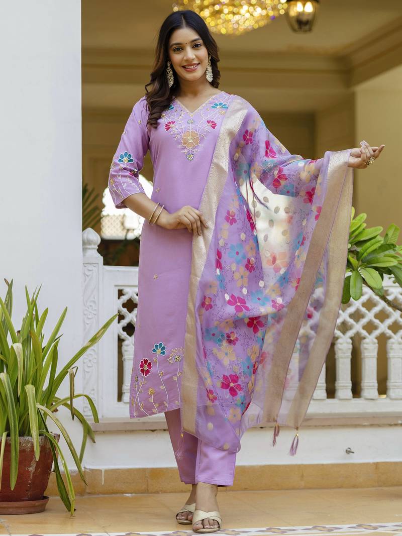 Lavender women kurta pant dupatta set