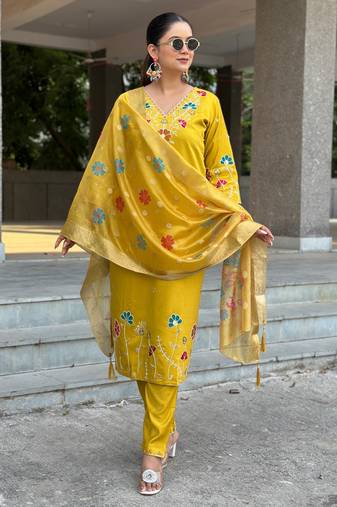 Yellow women kurta pant dupatta set