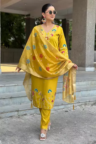 Yellow women kurta pant dupatta set