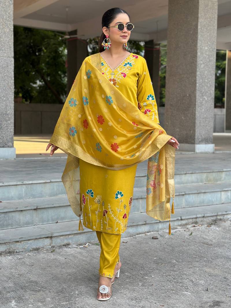 Yellow women kurta pant dupatta set