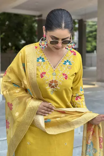 Yellow women kurta pant dupatta set