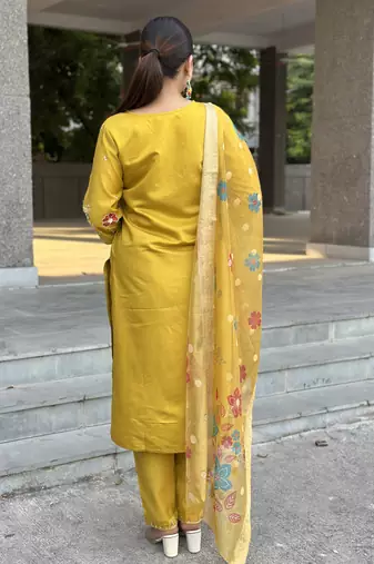 Yellow women kurta pant dupatta set