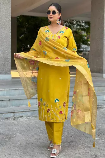 Yellow women kurta pant dupatta set