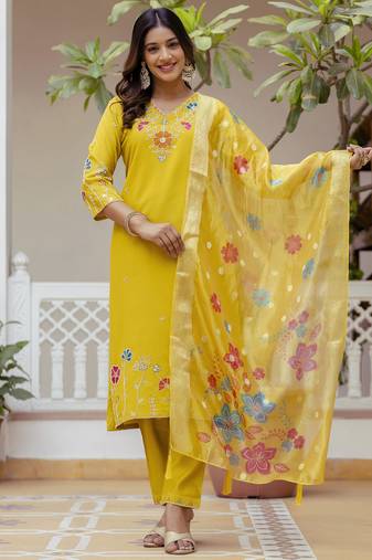 Yellow women kurta pant dupatta set