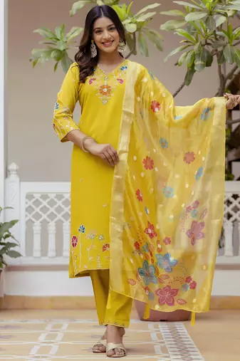 Yellow women kurta pant dupatta set