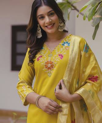 Yellow women kurta pant dupatta set 3