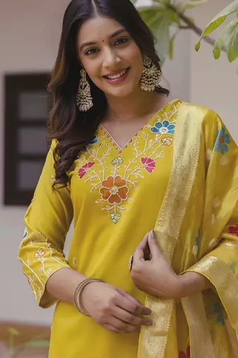 Yellow women kurta pant dupatta set