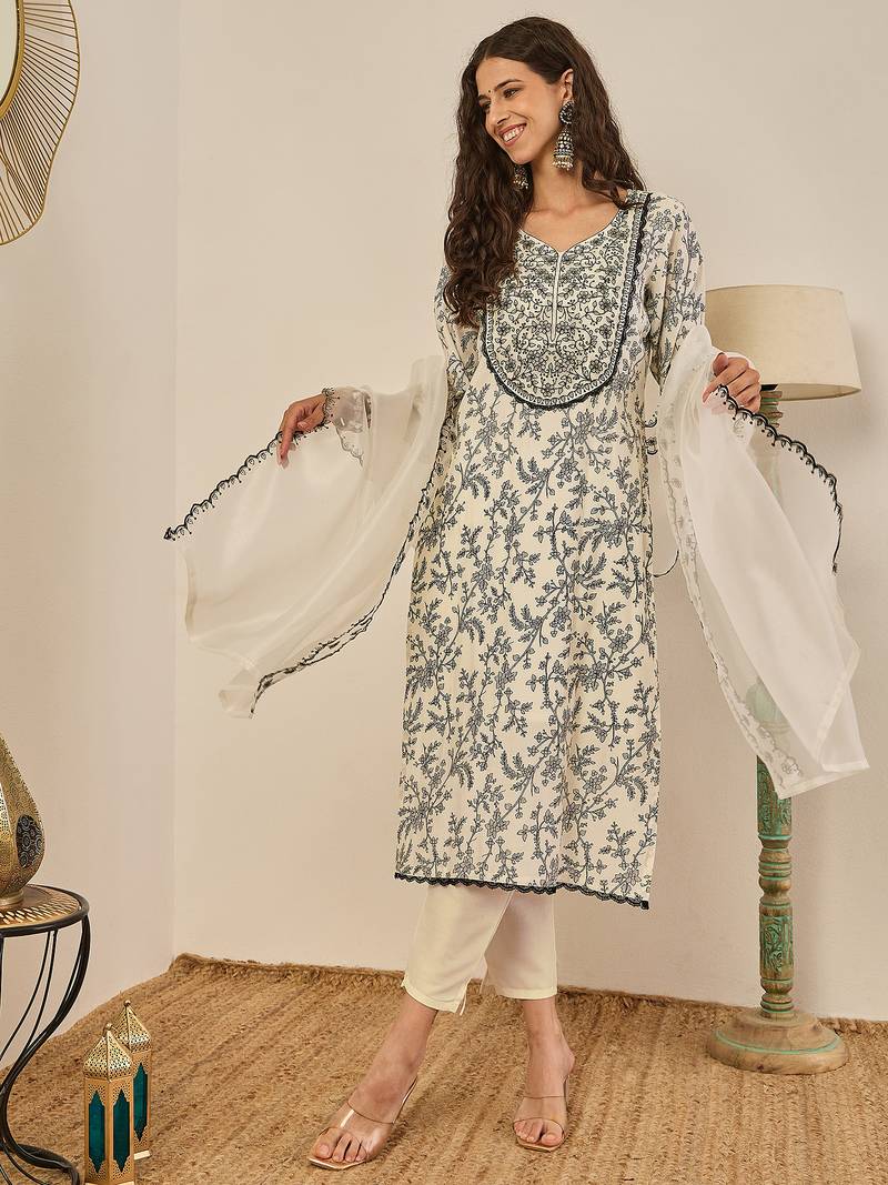 Cream women kurta pant dupatta set