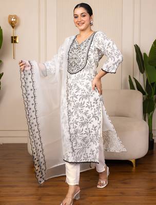 Cream women kurta pant dupatta set 1