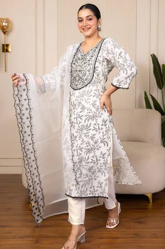 Cream women kurta pant dupatta set
