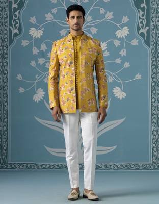 Mustard floral bandhgala jacket set 1