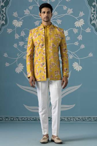 Mustard floral bandhgala jacket set