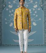 Mustard floral bandhgala jacket set