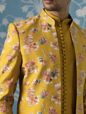 Mustard floral bandhgala jacket set 2