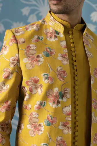 Mustard floral bandhgala jacket set