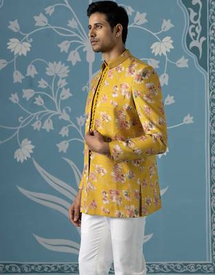 Mustard floral bandhgala jacket set 3