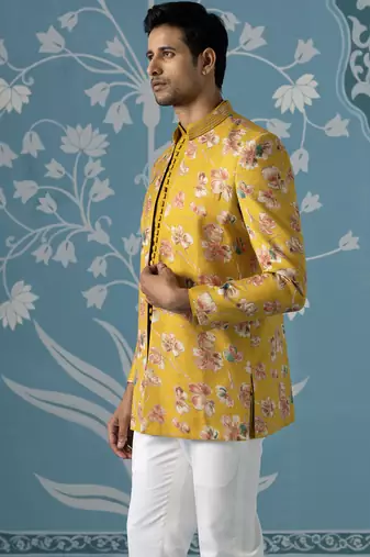 Mustard floral bandhgala jacket set