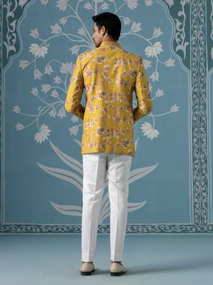 Mustard floral bandhgala jacket set 4