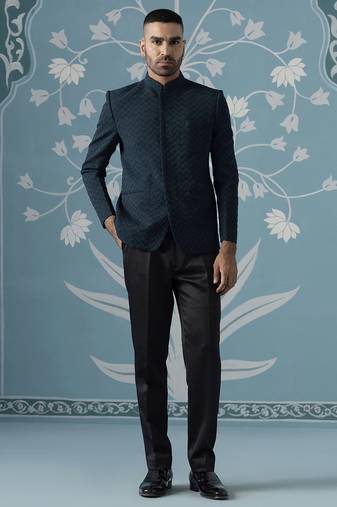 Teal blue textured bandhgala suit