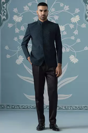Teal blue textured bandhgala suit