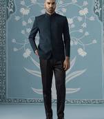 Teal blue textured bandhgala suit