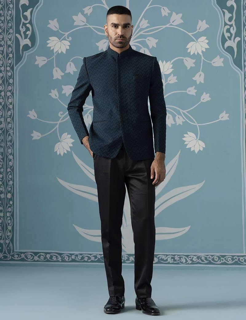 Teal blue textured bandhgala suit