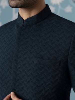 Teal blue textured bandhgala suit 2