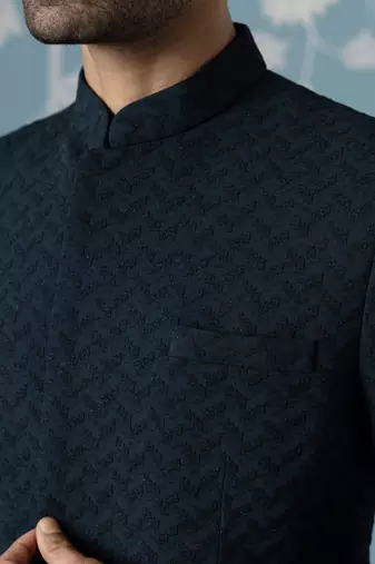 Teal blue textured bandhgala suit