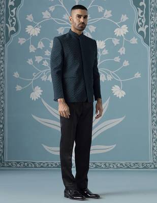 Teal blue textured bandhgala suit 3