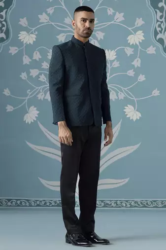 Teal blue textured bandhgala suit