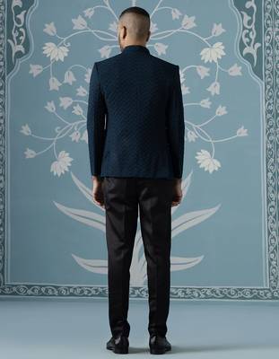 Teal blue textured bandhgala suit 4