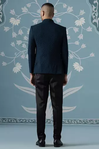 Teal blue textured bandhgala suit