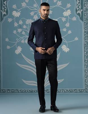 Midnight blue textured bandhgala set 1