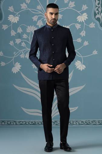 Midnight blue textured bandhgala set