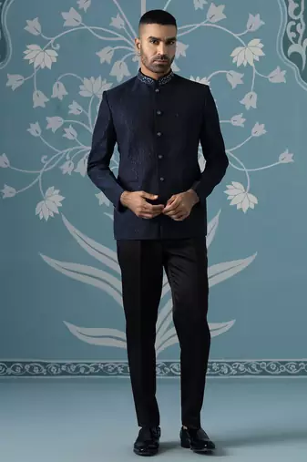 Midnight blue textured bandhgala set