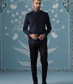 Midnight blue textured bandhgala set