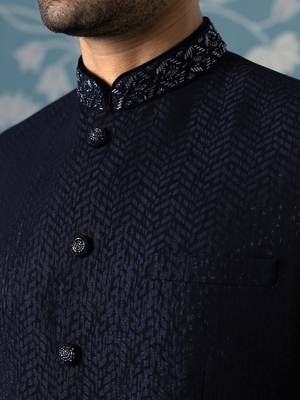 Midnight blue textured bandhgala set 2