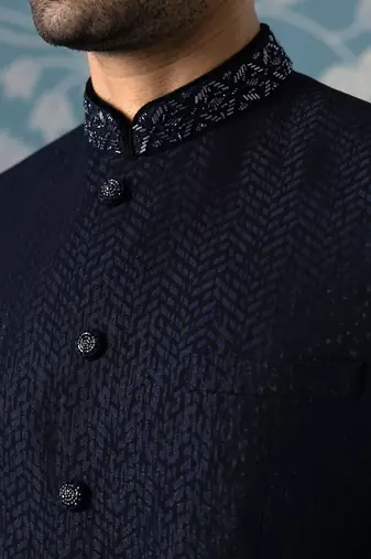 Midnight blue textured bandhgala set