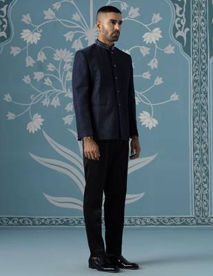 Midnight blue textured bandhgala set 3