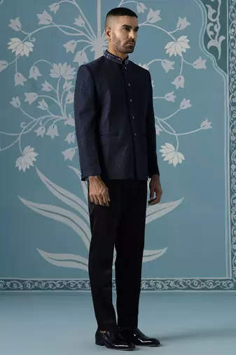 Midnight blue textured bandhgala set