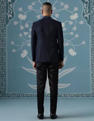 Midnight blue textured bandhgala set 4