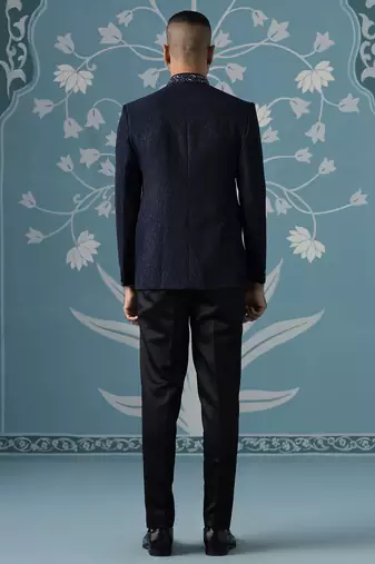 Midnight blue textured bandhgala set