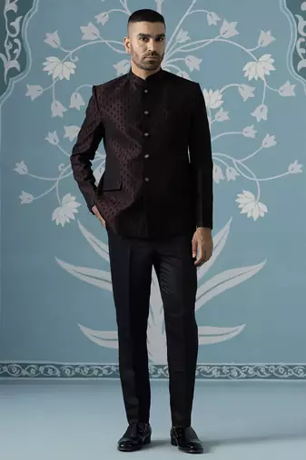 Black maroon textured bandhgala suit