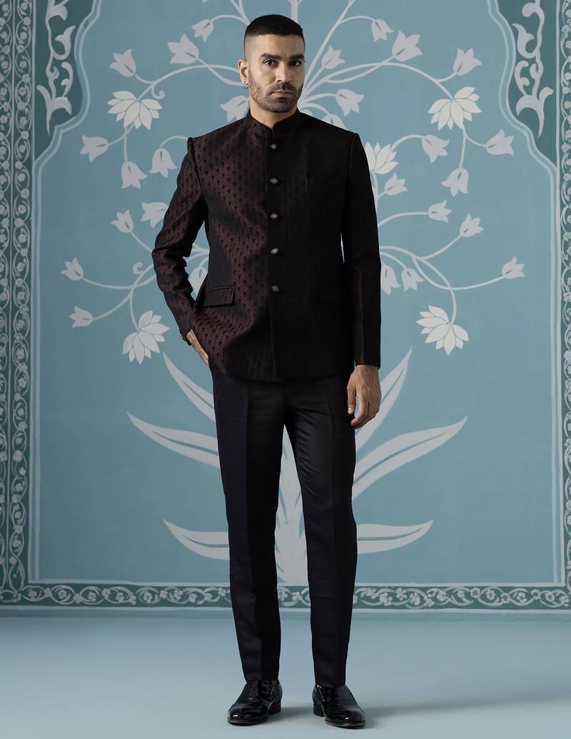 Black maroon textured bandhgala suit