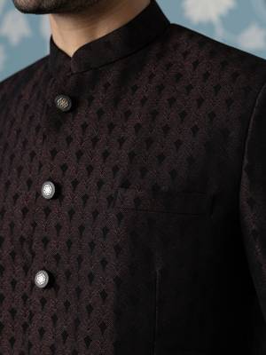 Black maroon textured bandhgala suit 2