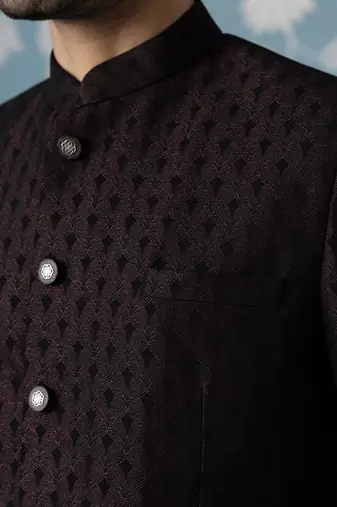 Black maroon textured bandhgala suit