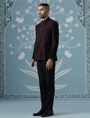 Black maroon textured bandhgala suit 3