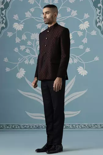 Black maroon textured bandhgala suit