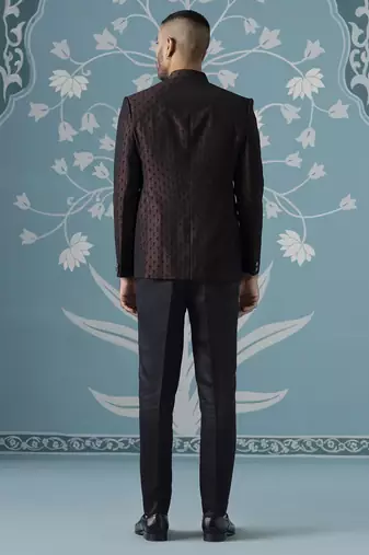 Black maroon textured bandhgala suit
