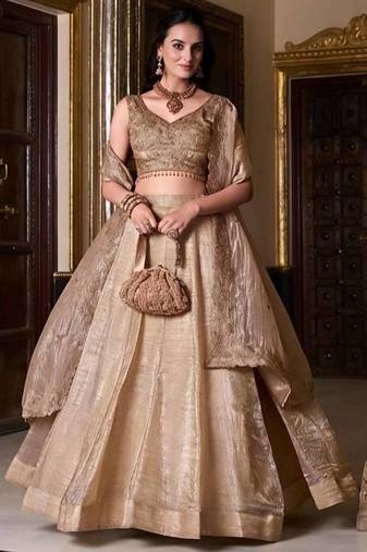 Cream Gold Crush Silk Zari Sequnce Embroidery Work Lehenga Choli For women's